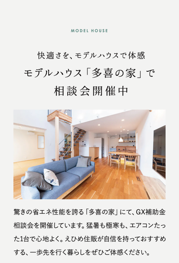 快適さを、モデルハウスで体感モデルハウス「多喜の家」で相談会開催中

驚きの省エネ性能を誇る「多喜の家」にて、GX補助金相談会を開催しています。暑も極寒も、エアコンたっ
1台で心地よく。えひめ住販が自信を持っておすすめする、一歩先を行く暮らしをぜひご体感ください。
