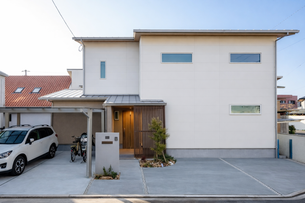 【松山市 注文住宅】グレーキッチンが主役の白と木目が調和する家